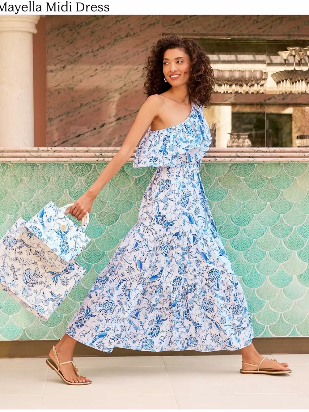 Lily Pulitzer One-Shoulder Blue Floral Midi Dress